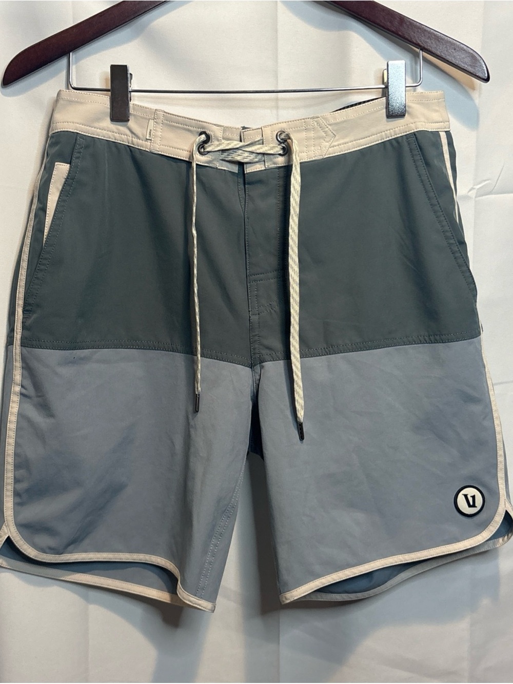 Vuori Two-Tone Olive Green and Light Gray Swim Board Shorts